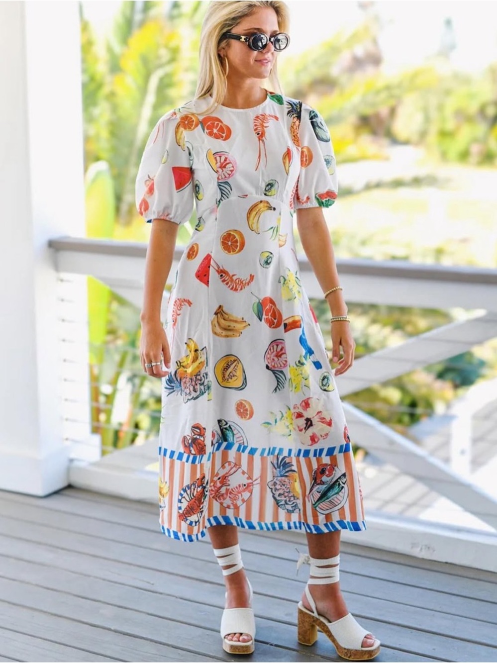 White Fruit-Print Puff-Sleeve Midi Dress